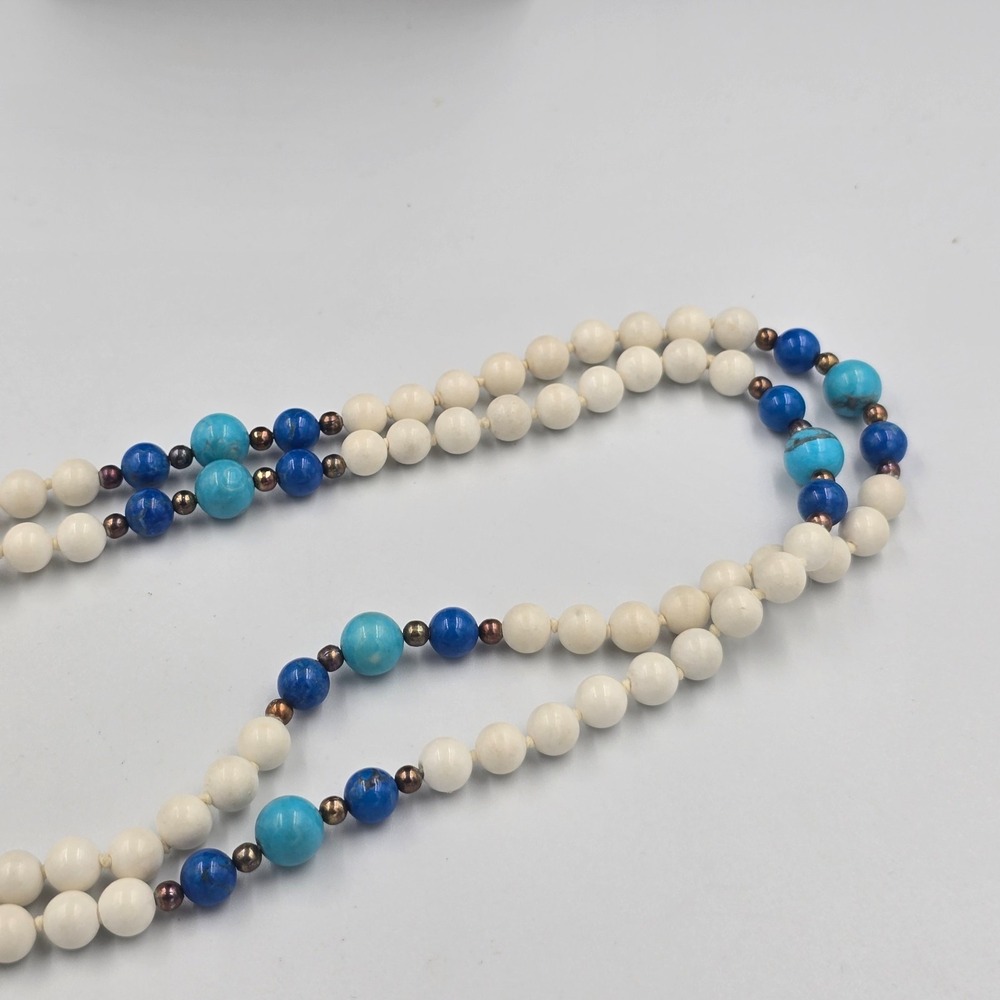 Vintage Beaded Necklace Turquoise Lapis Lazuli Natural White Hetian Nephrite - Picture 8 of 12